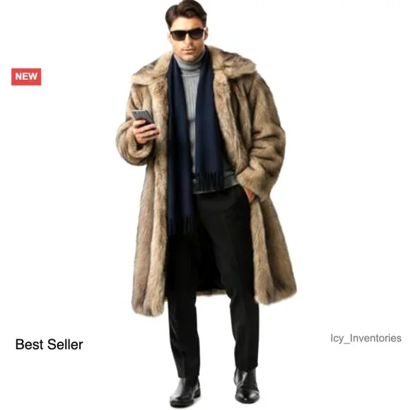 Long Faux Fur Coat Trench Jacket Men's Winter Elegant Classic Toggle Closure